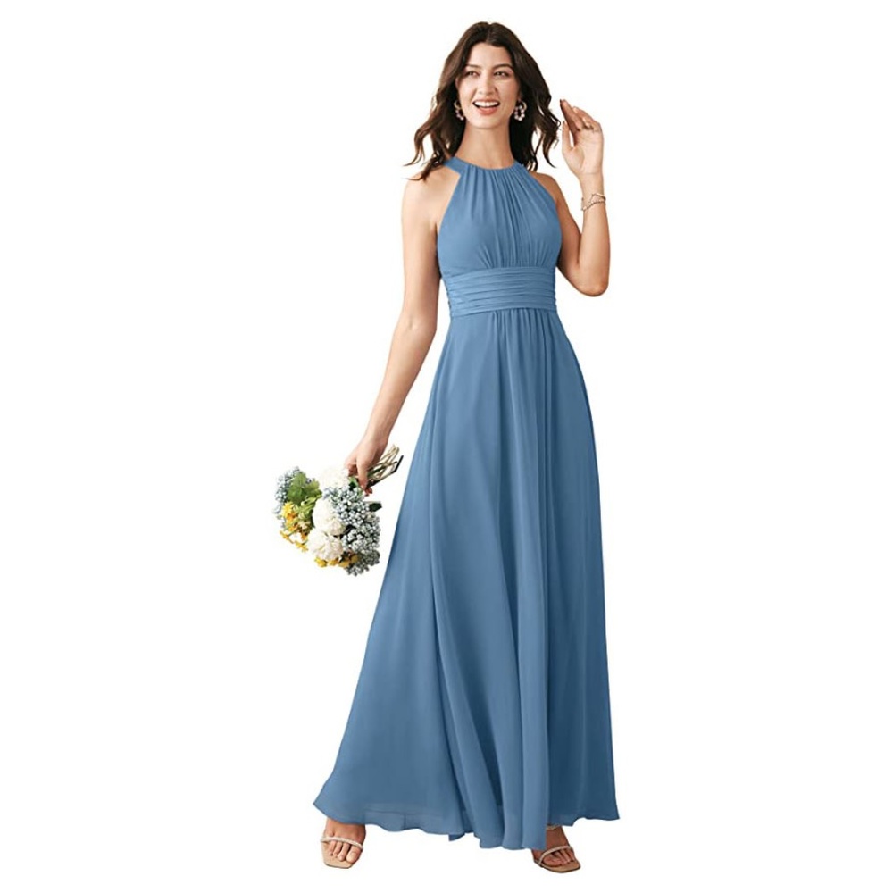 Steel Blue Halter Chiffon Bridesmaid Dress